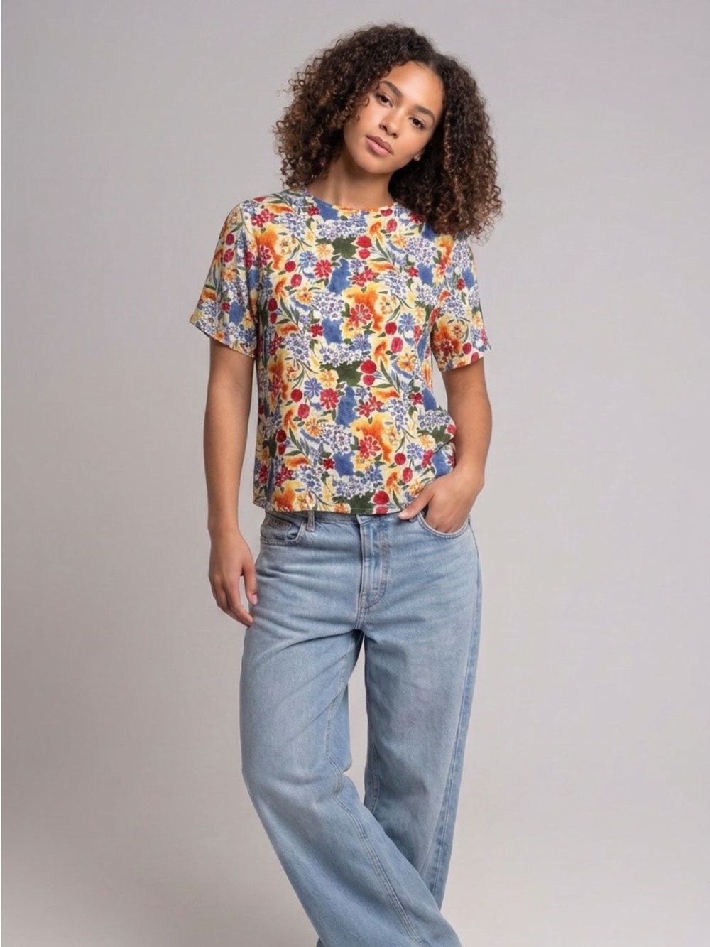 Sag Harbor Floral Short Sleeve Tee in Yellow, Blue & Red